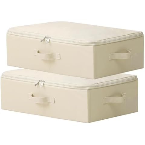 iwill CREATE PRO Pack of 2, 20.5X 14.2X 6.3, Shallow Fabric Folding Storage Box with Soft Zip Lid for Underpants/Scarves/Socks in Bedroom Wardrobe, or Electronics Accessories Organizer, Beige Cover