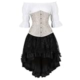 Grebrafan Corset Bajo Pecho Steampunk Disfraces Halloween con Falda y Camisa Pirata Mujer (EUR(30-32) XS, Beige)