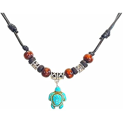 Nove Jewelry Leather Hawaiian Sea Turtle Necklace - Bone Beaded Necklace - Wood Bead and Adjustable Cord Cover