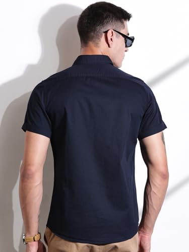 Image of Thomas Scott Men's Premium Slim Fit Casual Shirt | 100% Cotton Twill | Short Sleeves | Spread Collar | Solid Smart Casual Shirt for Men
