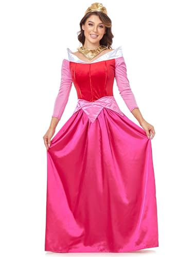 FStory&Winyee Damen Klassische Dornröschen Prinzessin Kostüm Aurora Maxikleid mit Krone Halskette für Verkleidung Cosplay Rollenspiel Geschenk...