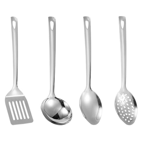 4 Piezas Utensilios Cocina Acero Inoxidable, Juego Que Incluye cucharo de Mango Largo, Cuchara Sopera, Cuchara Ranurada y Espátulas para Freír