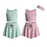 Essenclo Flowy Girls Butterfly Shorts Skirts w/Pockets & Athletic Sleeveless Tank Tops, Dance Tennis Cheer Running (5pc Set) - E2106 - Set-9-9-10