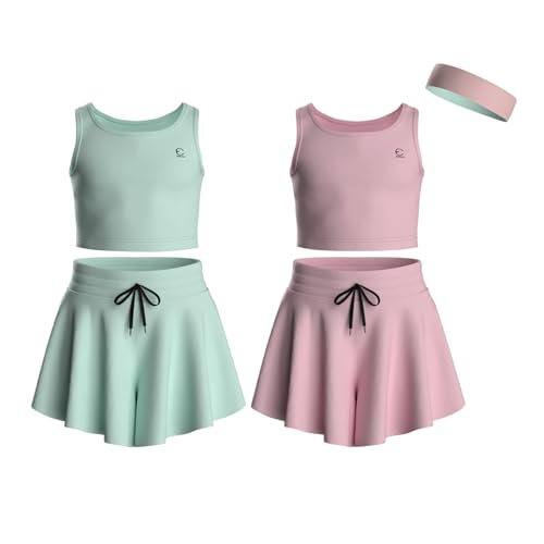 Essenclo - Essenclo Flowy Girls Butterfly Shorts Skirts w/Pockets & Athletic Sleeveless Tank Tops, Dance Tennis Cheer Running (5pc Set) - E2106 - Set-9-11-12