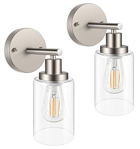 Unicozin Wall Sconces Set Of Two, Vanity Light Fixtures With Clear Glass Shade, Modern Wall Lights For Living Room, Bedroom, Kitchen, Hallway, Mirror, Brushed Nickel, E26 Base (Bulbs Not Included) #TOP18