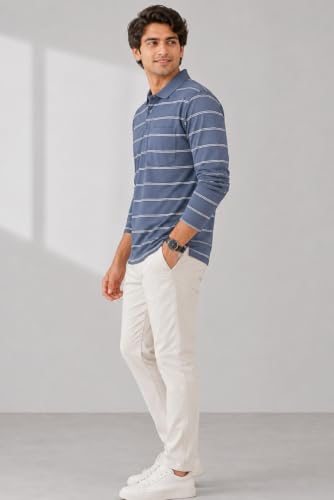 Image of SANE ORIGINALS Full Sleeves Polo Collar Tshirt for Men with Pocket || Stripe Collar and Pocket Tshirt for Men Long Sleeves Navy Blue
