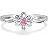 Precious Pieces 925 Sterling Silver Simulated Birthstone Baby Ring with Flower for Little Girls