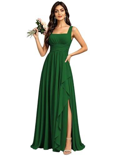 LKTESZ Square Neck Bridesmaid Dresses with Slit Chiffon Spaghetti Straps