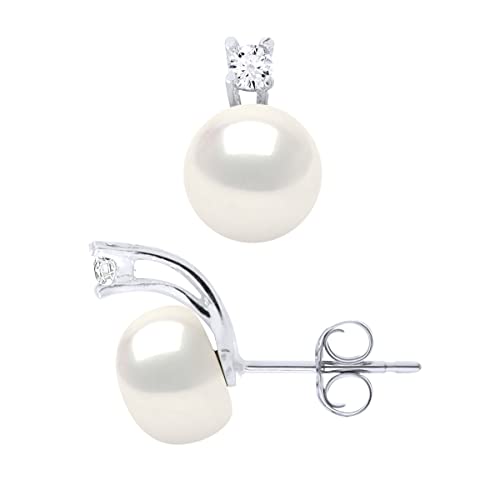 PEARLS & COLORS - Boucles d'Oreilles Perles de Culture d'Eau Douce Boutons 9-10 mm - Qualité AAA + - Argent 925 - Système Poussette Confort - Bijou Femme