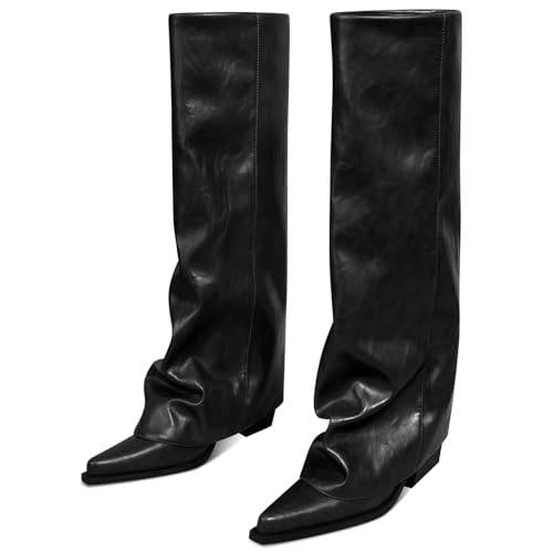 Image of Women's Fold Over Knee High Boots Wide Calf Chunky Heel Long Boots