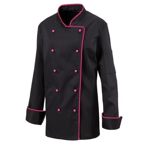 EXNER Damenkochjacke Langarm, taillert, Fb. schwarz, Paspel hotpink, Gr. XL