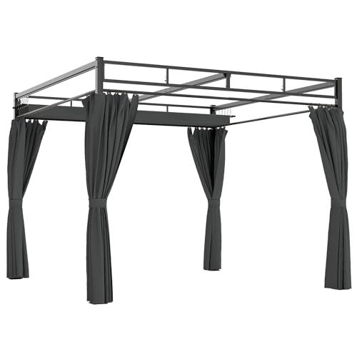 Outsunny Pérgola de Jardín 3x3 m con Techo Retráctil y 4 Cortinas, Cenador de Jardín con Protección UV30+, Impermeable, Estructura Metálica, Pabellón para Patio, Terraza, Exterior, Gris Oscuro