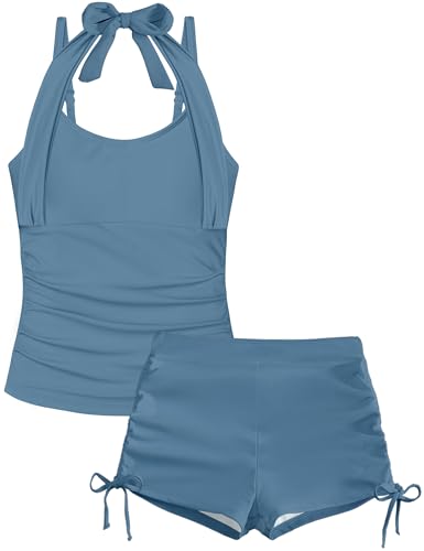Image of Girls Swimsuit Two Piece Bathing Suit Ruffle Trim Swimsuits for Girls Tankini with Drawstring Shorts Swimwear 9-18Y