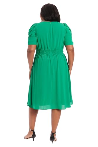 Image of London Times Women's Caterpillar Puff Sleeve Midi Dress - Gathered Waist A-Line Flowy Summer Dress