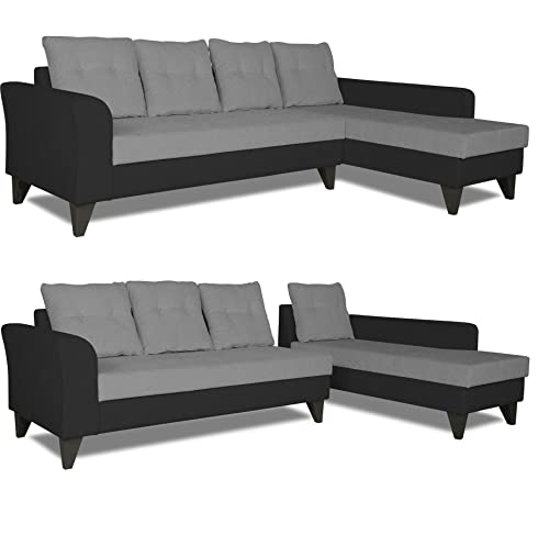 Image of Adorn India Maddox Plain Two Tone L Shape 6 Seater Sofa Set RHS (Grey & Black) (3 Year Warranty)