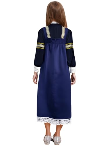 Child Girls Russian Ethnic Performance Dress Embroidered Blouse with Overalls and Headpiece Navy Blue 10 Years2