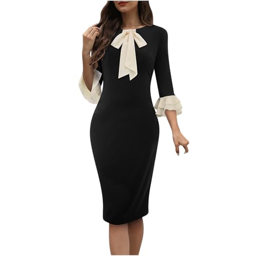 Women's Pencil Dress 1950s Vintage Cocktail 3/4 Sleeve Tie Neck Bodycon  Mid-Calf Dress Formal Office Business Dress Black at Amazon Women's  Clothing store