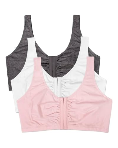 Fruit of The Loom Women's Front Closure Cotton Bra, Blushing Rose/Charcoal/White 3-Pack, 38