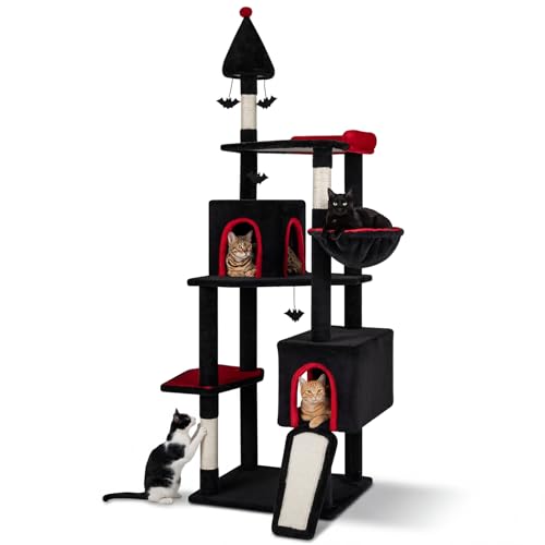 Tangkula Gothic Cat Tree 75 Tall Halloween Cat Tower with Sisal Scratching Posts & Ramp 2 Condos Top Perch Bat Hanging Toys Basket Heavy Duty Black Goth Cat Tree for Indoor Large Cats 20+ LBS