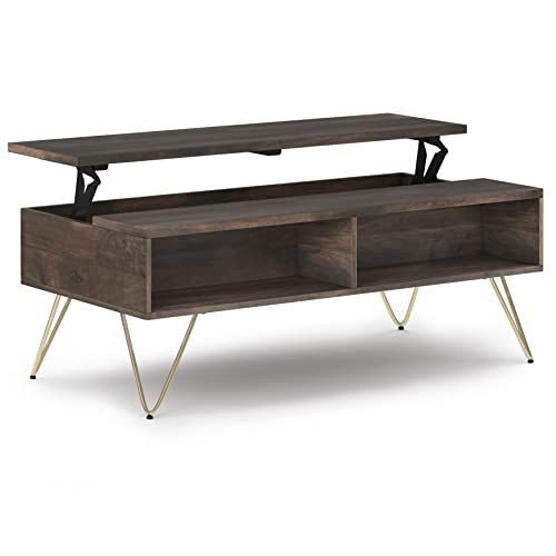 Image of SIMPLIHOME Hunter SOLID MANGO WOOD and Metal 48 inch Wide Rectangle Industrial Lift Top Coffee Table in Ebony for the Living Room and Family Room