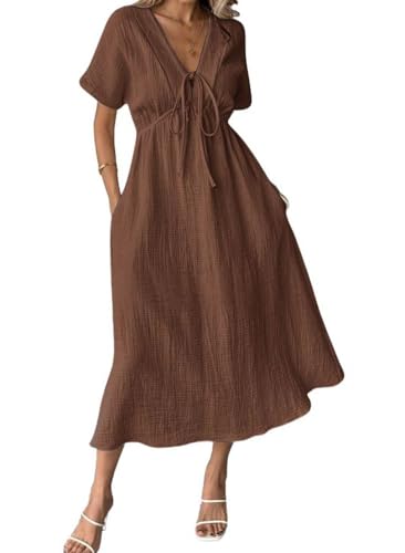 chouyatou Women's Summer Boho V-Neck Cotton Tunic Dress Casual Loose Short Sleeve Midi Long Beach Dress