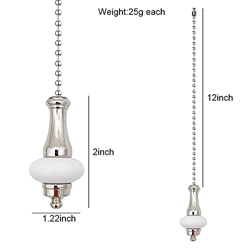 Image of Ceramic Ceiling Fan Pull Chain Set, 2Pieces Silver Decorative Fan Pull Chain Pendant Extension, 12 Inches Lighting & Fan Beaded Ball Fan Cord Extender with Connector(White)