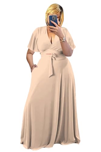 Image of Plus Size Women's 2 Piece Outfits Casual Short Ruffle Sleeve Wrap Crop Top Maxi Long Dress Flowy Matching Sets