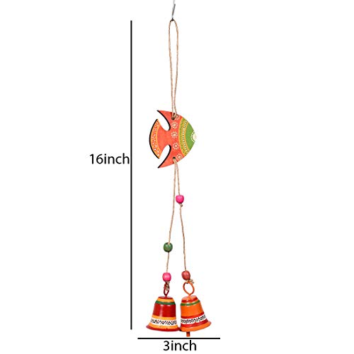 Image of Aakriti Art Creations Orange Fish Wind Chime with 2 Metal Bells | Handmade Modern Art Wooden & Metal Wind Chime | Outdoor & Indoor Decorative Wind Chimes for Balcony, Garden, Living Room & Gifting