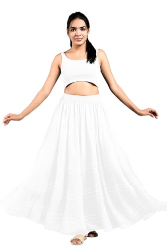Image of Y X S Women's Rayon Flared Long Skirt with Gotta Lace Work | Free Size Ethnic Maxi Skirt for Festive, Party, Wedding, Casual Comfortable Flowy Skirt for Girls & Women White