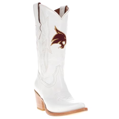 Vaccari Womens Leighton Genuine Leather Texas State Bobcats Embroidery Pointed Toe Cowgirl Boots - White - 7.5 B