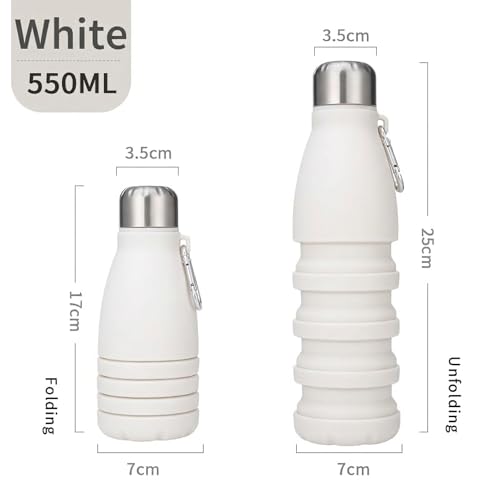 Image of ZENOVIA Collapsible Silicone Water Bottle, White, 550ml | Foldable, Leakproof, BPA-Free, Portable Reusable, For Gym, Hiking, Camping, Office & Kids