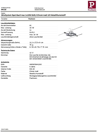 Paulmann 94132 Cable Lighting System  Mac II Single Spot Light Extension Max 10 Watt Matt Chrome Wire Cable Lighting System Without Bulbs