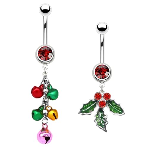 FLOGWE 316L 2 PCS Christmas Dangle Mistletoe Belly Button Rings 14G Stainless Steel Jingling Bell Navel Rings for Women Belly Piercing Jewelry