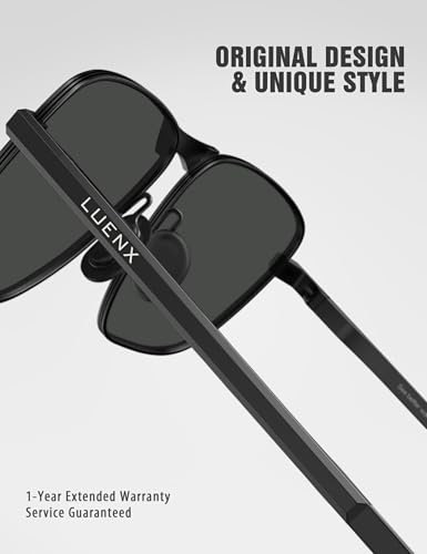 LUENX Rectangular Polarized Aviator Sunglasses for Men Retro Pilot Shades Driving UV400 Protection, Dark Blue/Black Frame, 59MM