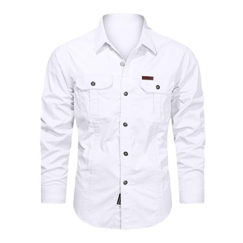 Dasongff - Camisa para hombre de manga larga Slim Fit de algodón con botones y bolsillos para el cuello de la espalda, camisa de trabajo de carga lisa, camiseta militar táctica Safari Habit, blanco, M