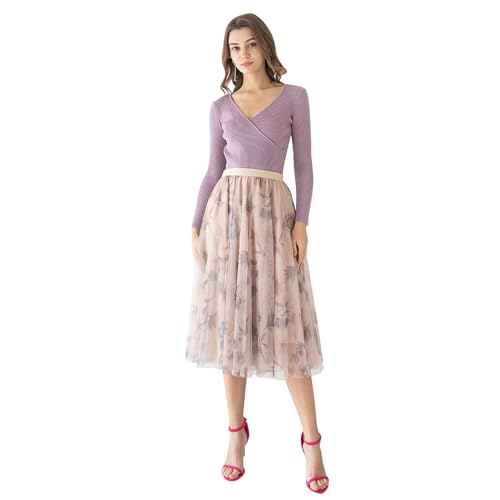 CHICWISH Women Floral Printed Mesh Tulle Midi Skirt Double Layered Elastic Waist A Line Flowy Fairy Skirts Dusty Pink2