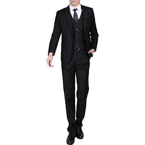 Men' 3 Piece Solid Color Suit Set Single Breasted Slim Jacket Vest Pants Formal Business Wedding Prom Blazer Sets (Black 4,XX-Large)