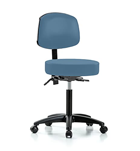 Perch Walter Rolling Height Adjustable Doctor's Stool with Back for Hardwood or Tile | Workbench Height | 300-Pound Weight Capacity | (Colonial Blue Vinyl)