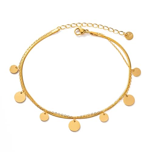 VICKWOOD Fußkettchen Gold für Damen mit Coin aus Wasserfeste Edelstahl 27cm 18K Vergoldet Plättchen Mehrreihige Boho Fußkette Verstellbar Fussketten für Frauen
