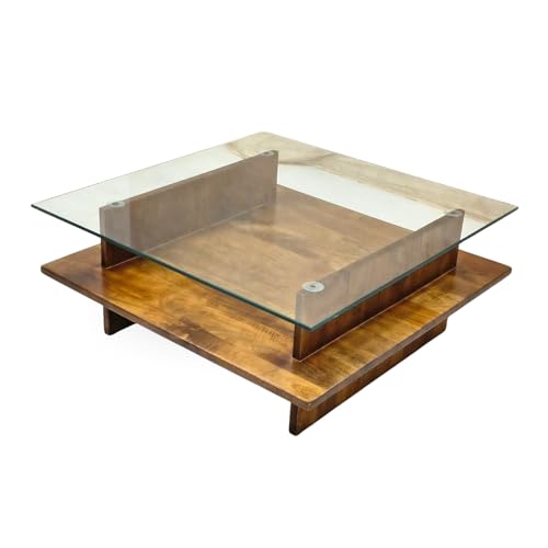 Image of Gharaana Bella Glass Top Solid Wood Center Table, Square, 102 x 102 x 38 cm, Natural Wood Finish