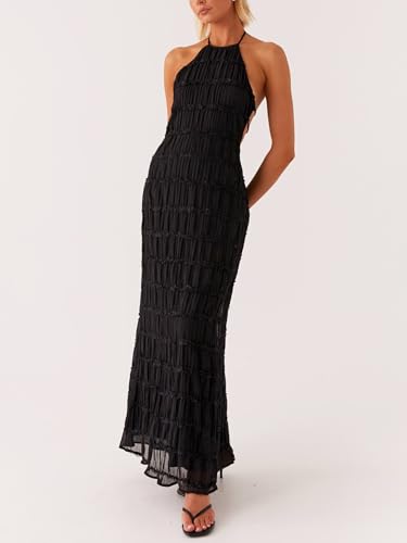 Image of Women Summer Halter Neck Maxi Dress Flowy Ruffle Tiered Sleeveless Sundress Boho Backless Spaghetti Strap Long Dress