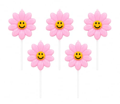 Image of Smiley Flower Birthday Candles for Cake Decoration, Pack of 5, Flower Shape Decorative Cake Candles, Natural Wax Party Candles for Birthday, Anniversary, Baby Shower & Celebration (Pink)