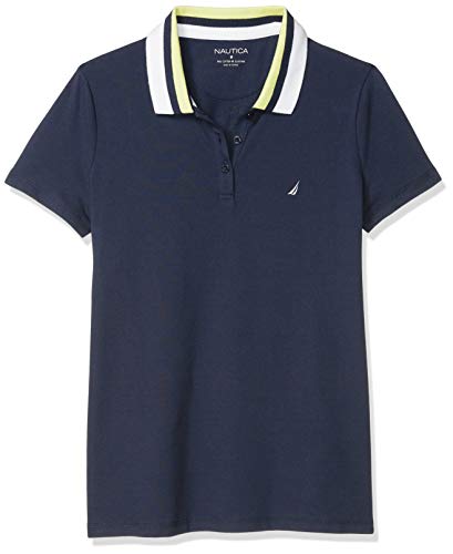 Nautica Women's Classic Fit Striped V-Neck Collar Stretch Cotton Polo Shirt, Navy Seas, Medium #TOP4