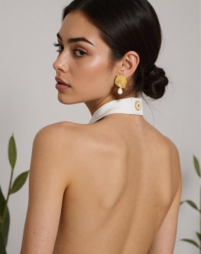 Gold Flower Statement Earrings for Women Chunky Sculptural Flower Pearl Stud Elegant Dangle Earrings 18K Gold Plated Trendy Fashion Jewelry Gifts4