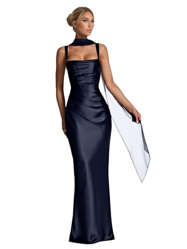 Satin Bridesmaid Dresses for Women Square Neck Pleats Long Formal Prom Dress Wedding Guest Gown with Scarf