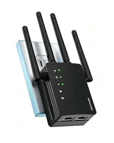 Image of 4 Antennas WiFi Extender, WiFi Extender Signal Booster Supports 105 Devices | WiFi Booster 1200Mbps Dual Band 5GHz /2.4GHz, 12880 Sq Ft Coverage, 1-Tap Setup & Ethernet Port, Easy Setup for Home