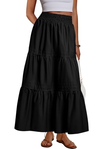 MASCOMODA Casual Long Skirts for Women Boho Swing A Line High Waisted Tiered Flowy Maxi Skirt with Pockets Beach Summer 2025(Black,Medium)