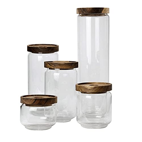 Juego de 5 tarros de té de vidrio transparentes con tapa de acacia hermética, recipientes de almacenamiento de alimentos para espaguetis, granos de café, azúcar, tarros de té,