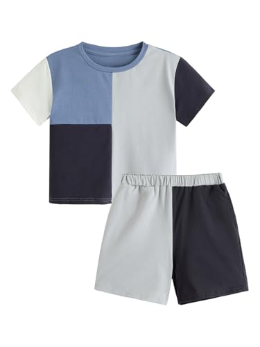 Image of Verdusa Boy's 2 Piece Outfit Colorblock Short Sleeve Round Neck T Shirt and Shorts Set
