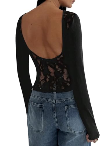 GORGLITTER Damen Spitzenshirt Elegant Rückenfreies Top mit Spitzen...